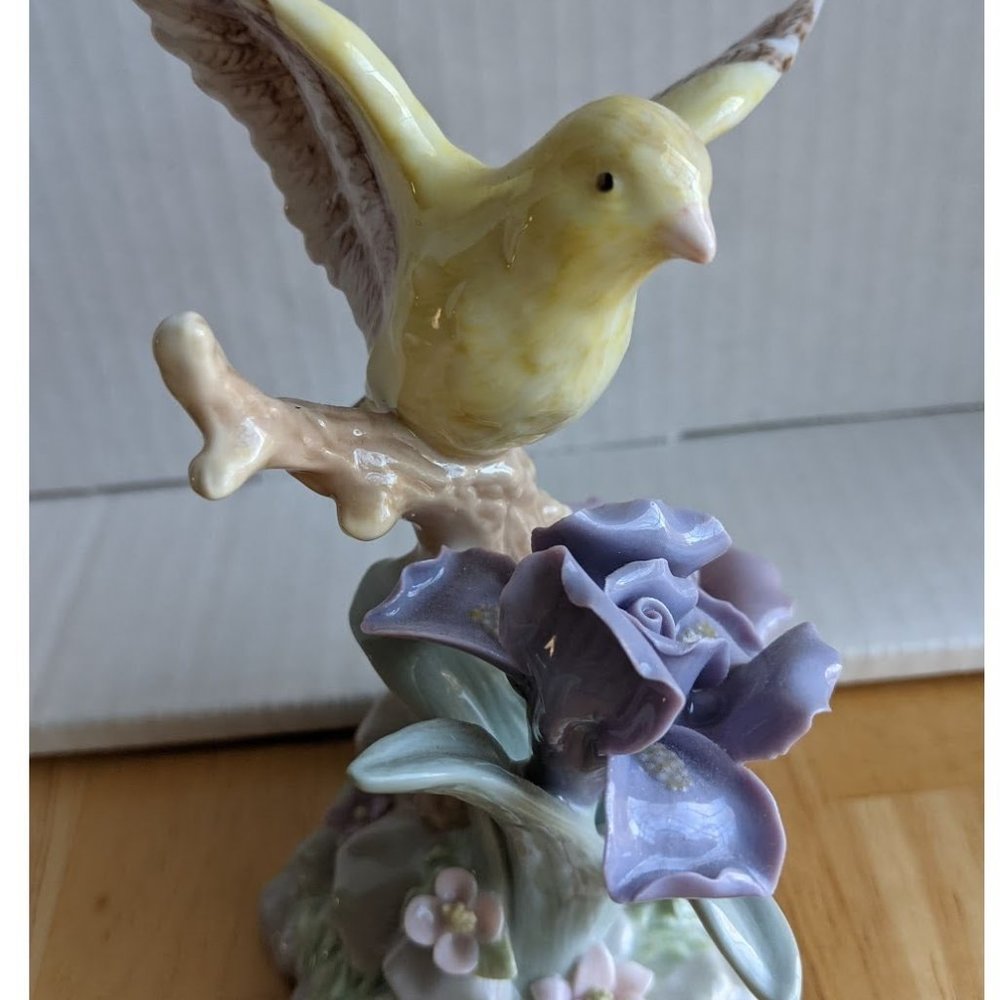 Cosmos Goldfinch & Purple Iris glazed porcelain figurine